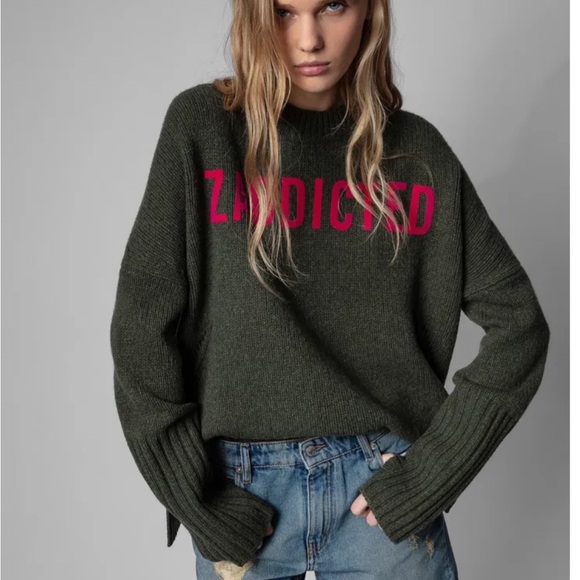 Zadig & Voltaire Olive Green Sweater with Pink Logo - Picture 1 of 7